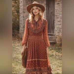 Vintage Diane Freis Boho Prairie Midi 70s Floral Ruffle Tie Neck Smocked‎ Waist